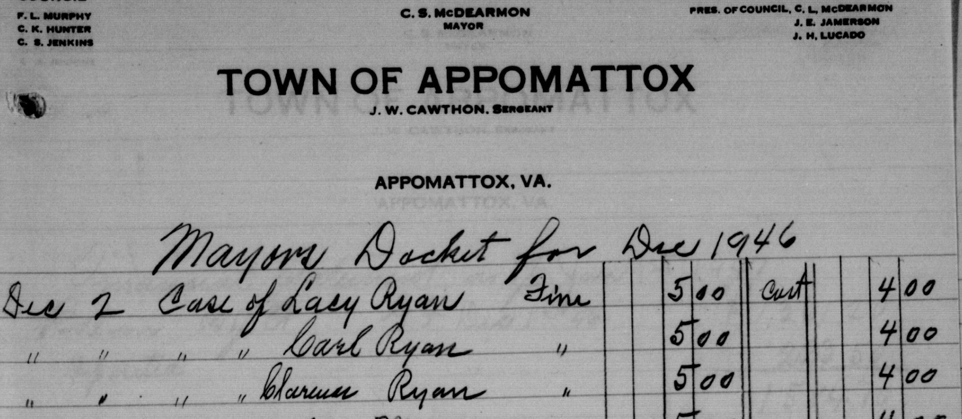 Historical government record showing handwritten entries from the Town of Appomattox